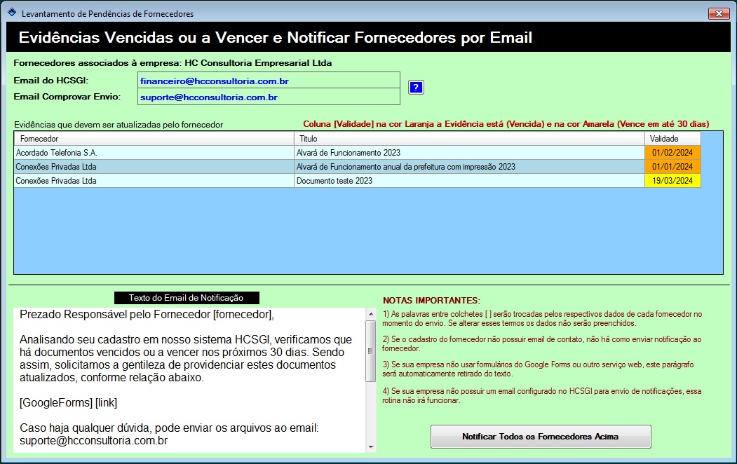 HCSGI - Cadastro de Fornecedores - Notificar Documentos Vencidos