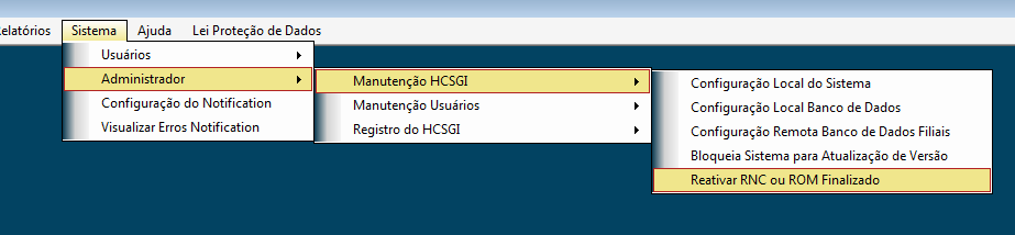 Menu Reativar RNC ou ROM